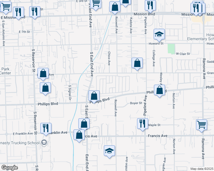map of restaurants, bars, coffee shops, grocery stores, and more near 11427 Hickory Lane in Pomona