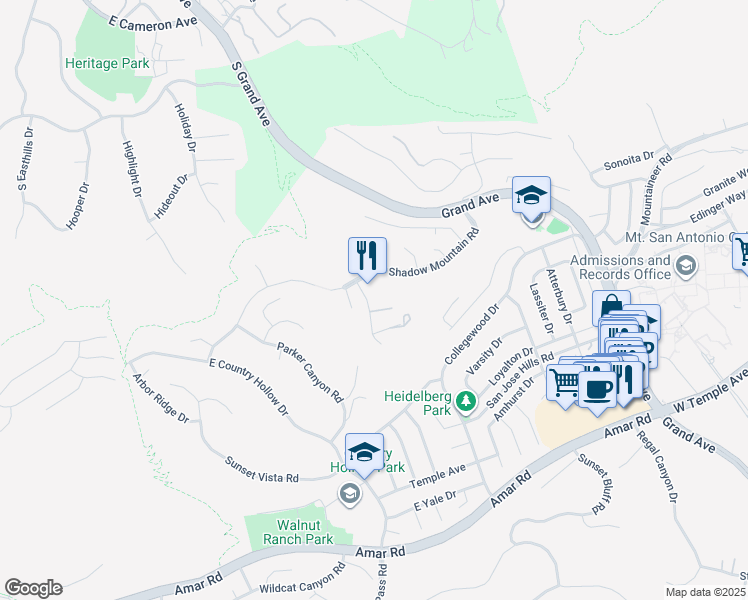 map of restaurants, bars, coffee shops, grocery stores, and more near 1668 Chestnut Hill Drive in Walnut