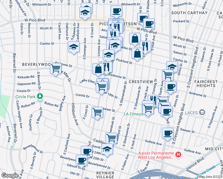 map of restaurants, bars, coffee shops, grocery stores, and more near 1762 Preuss Road in Los Angeles