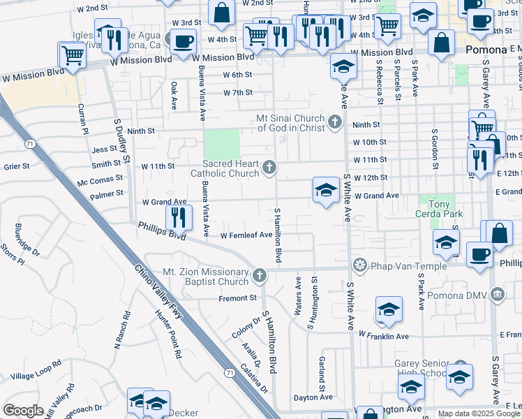 map of restaurants, bars, coffee shops, grocery stores, and more near 1317 South Hamilton Boulevard in Pomona