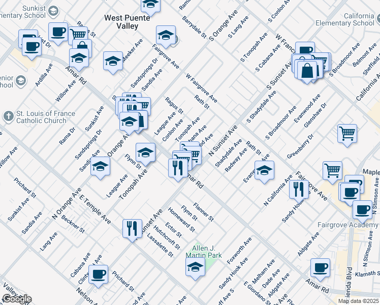 map of restaurants, bars, coffee shops, grocery stores, and more near 943 Clintwood Avenue in La Puente