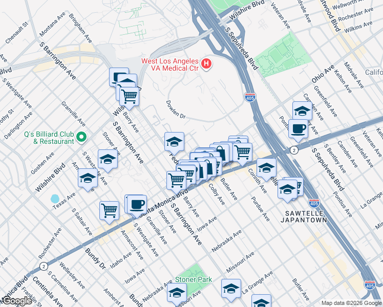 map of restaurants, bars, coffee shops, grocery stores, and more near 11520 Wyoming Avenue in Los Angeles