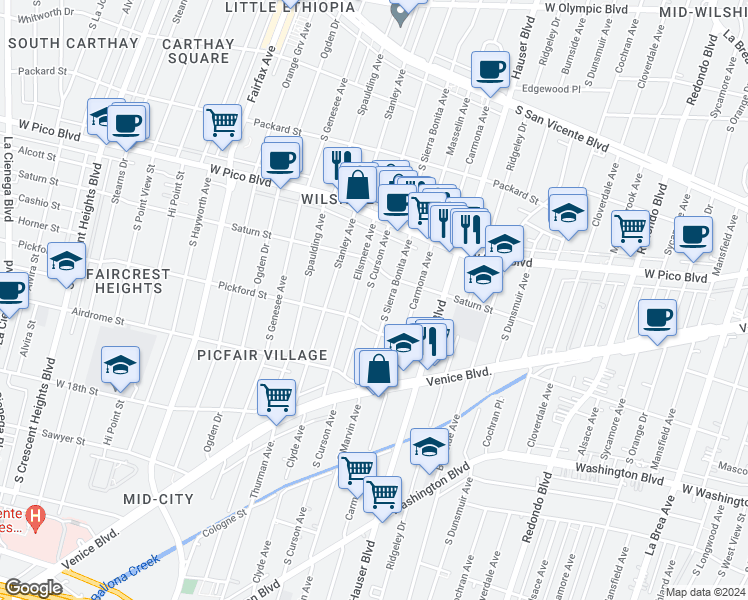 map of restaurants, bars, coffee shops, grocery stores, and more near 1536 South Curson Avenue in Los Angeles