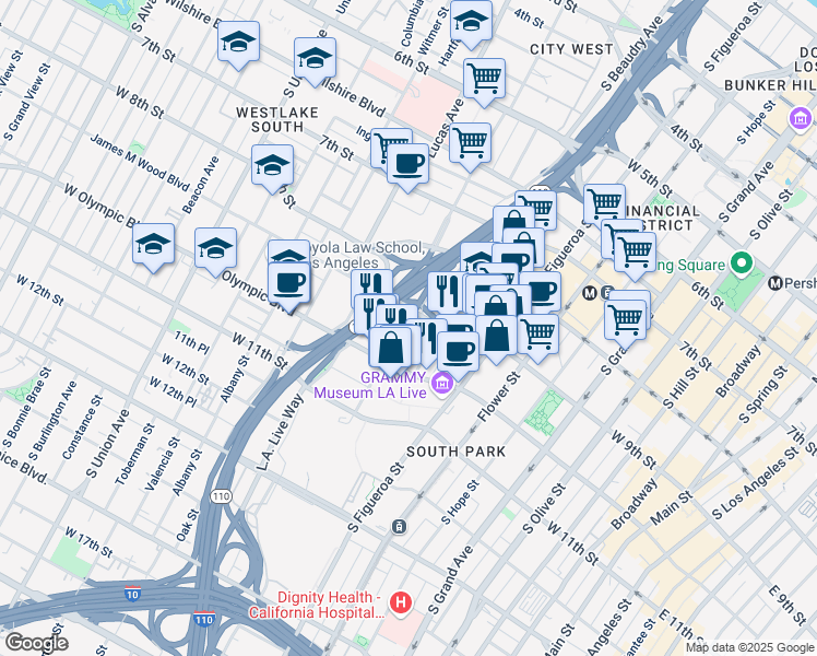 map of restaurants, bars, coffee shops, grocery stores, and more near 916 Georgia Street in Los Angeles