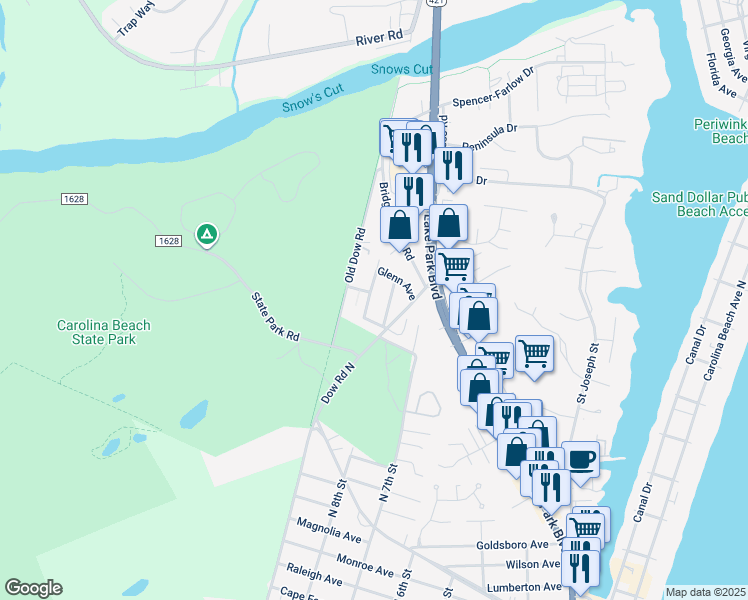 map of restaurants, bars, coffee shops, grocery stores, and more near 810 Blanche Avenue in Carolina Beach