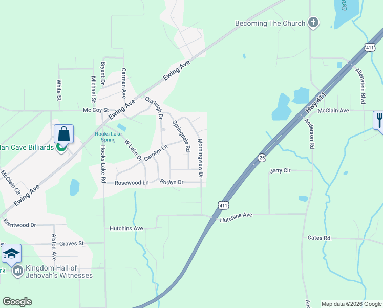 map of restaurants, bars, coffee shops, grocery stores, and more near 314 Springdale Road in Gadsden