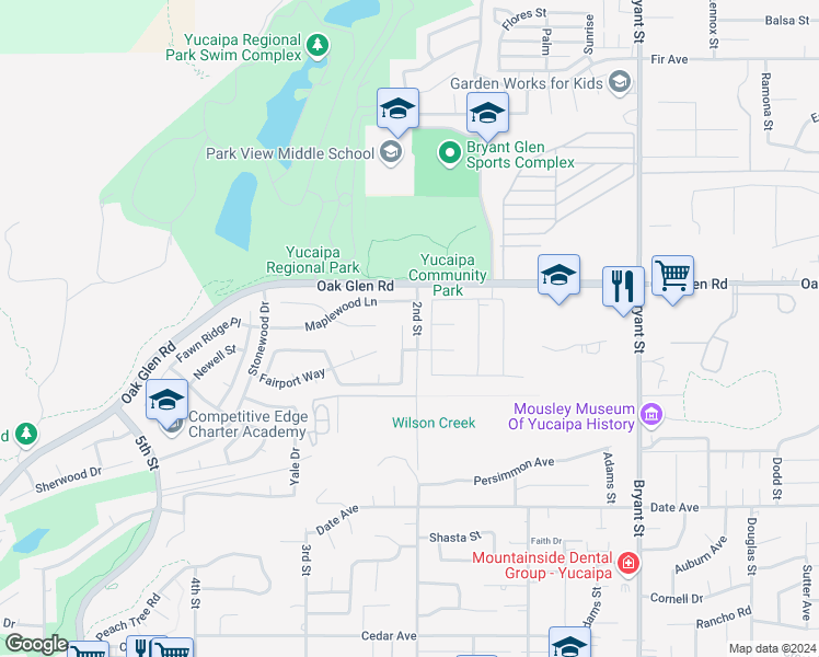 map of restaurants, bars, coffee shops, grocery stores, and more near 11377 Deerfield Drive in Yucaipa