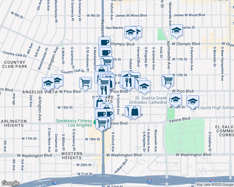 map of restaurants, bars, coffee shops, grocery stores, and more near 3030 West Pico Boulevard in Los Angeles