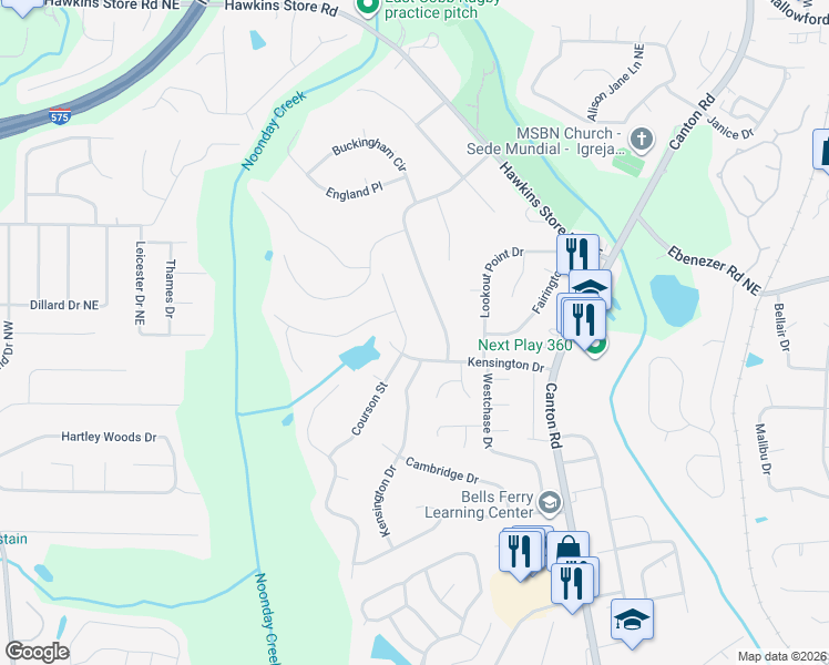 map of restaurants, bars, coffee shops, grocery stores, and more near 3919 Courson Street in Marietta