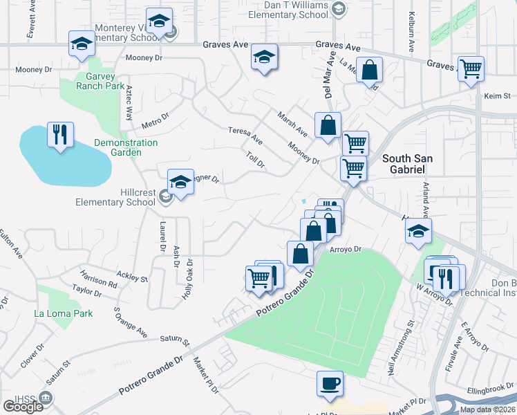 map of restaurants, bars, coffee shops, grocery stores, and more near 1175 Ackley Street in Monterey Park