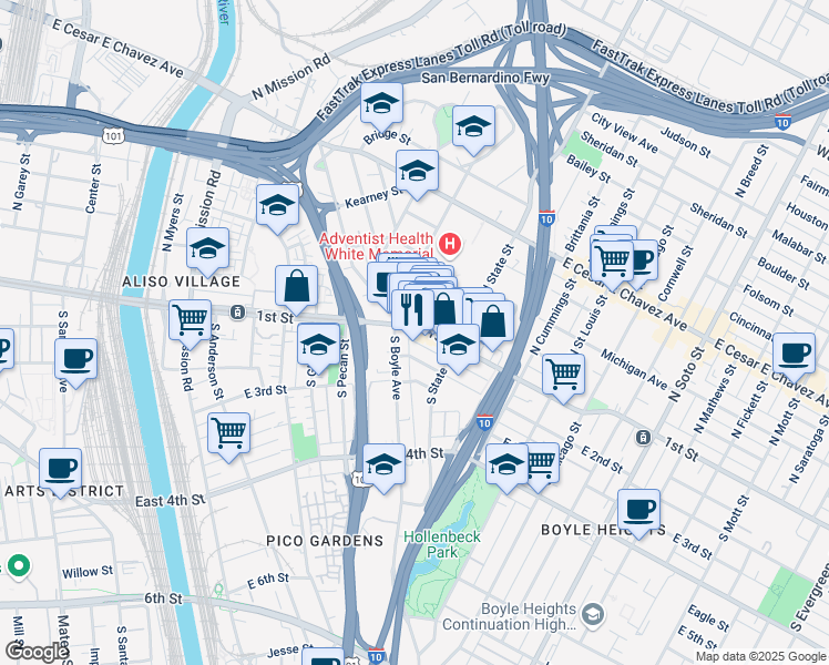 map of restaurants, bars, coffee shops, grocery stores, and more near 1800 East 1st Street in Los Angeles