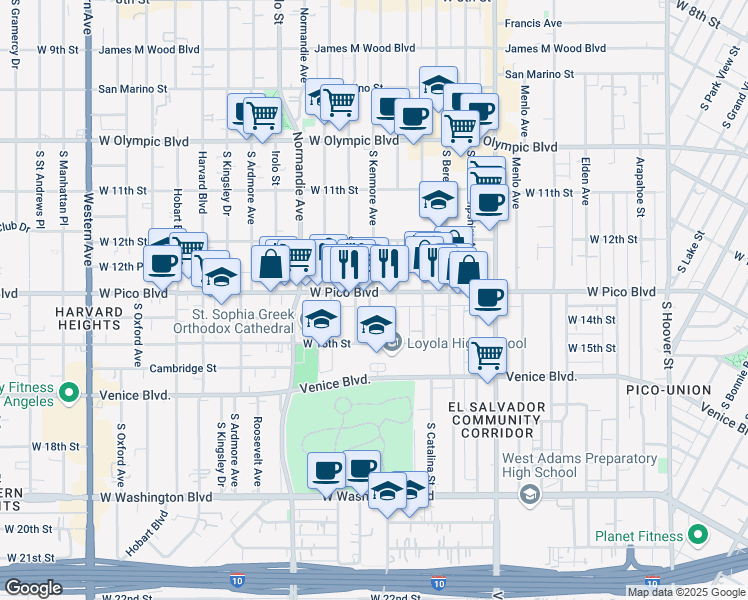 map of restaurants, bars, coffee shops, grocery stores, and more near 2698 West Pico Boulevard in Los Angeles