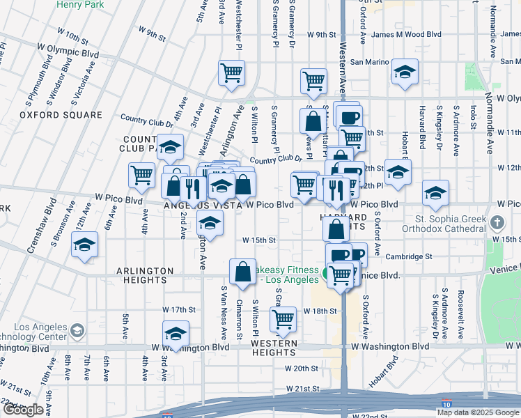 map of restaurants, bars, coffee shops, grocery stores, and more near 3260 West Pico Boulevard in Los Angeles