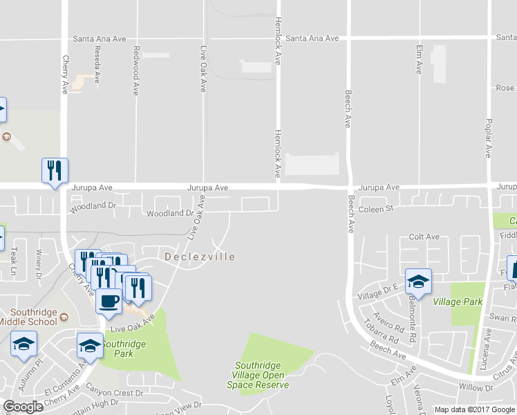 map of restaurants, bars, coffee shops, grocery stores, and more near 15040 Camellia Drive in Fontana