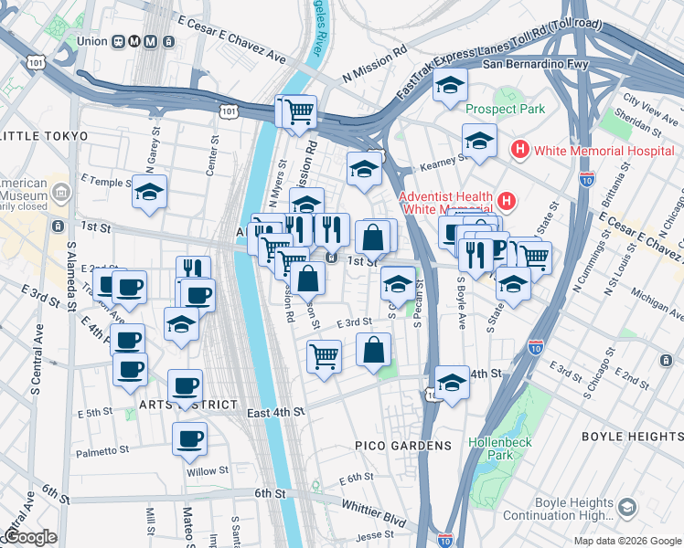 map of restaurants, bars, coffee shops, grocery stores, and more near 113 S Utah St in Los Angeles
