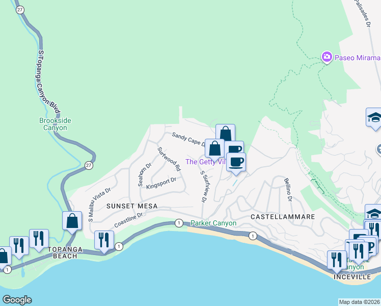 map of restaurants, bars, coffee shops, grocery stores, and more near 18021 Sea Reef Drive in Los Angeles