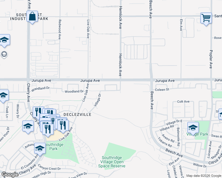 map of restaurants, bars, coffee shops, grocery stores, and more near 15040 Camellia Drive in Fontana