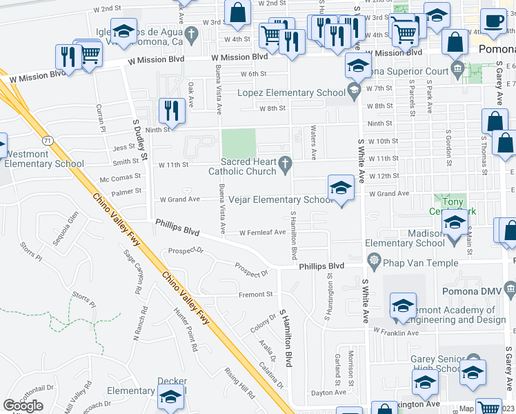 map of restaurants, bars, coffee shops, grocery stores, and more near 1194 West Grand Avenue in Pomona