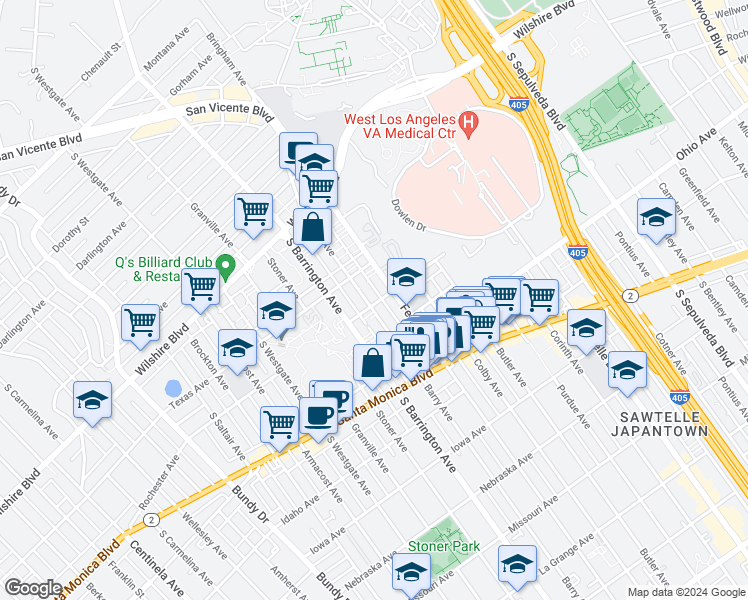 map of restaurants, bars, coffee shops, grocery stores, and more near 11600 Rochester Avenue in Los Angeles