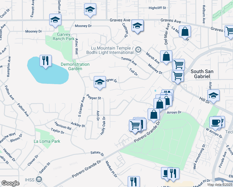 map of restaurants, bars, coffee shops, grocery stores, and more near 7311 Cape Street in Rosemead