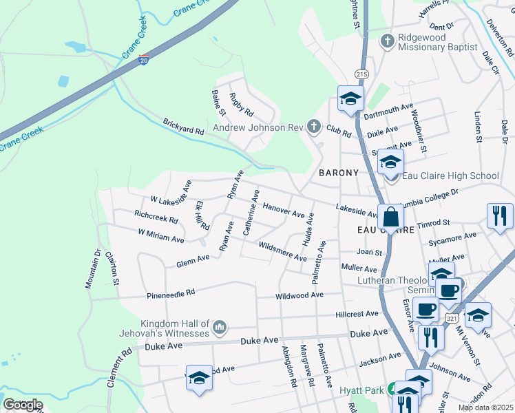 map of restaurants, bars, coffee shops, grocery stores, and more near 4516 Catherine Avenue in Columbia