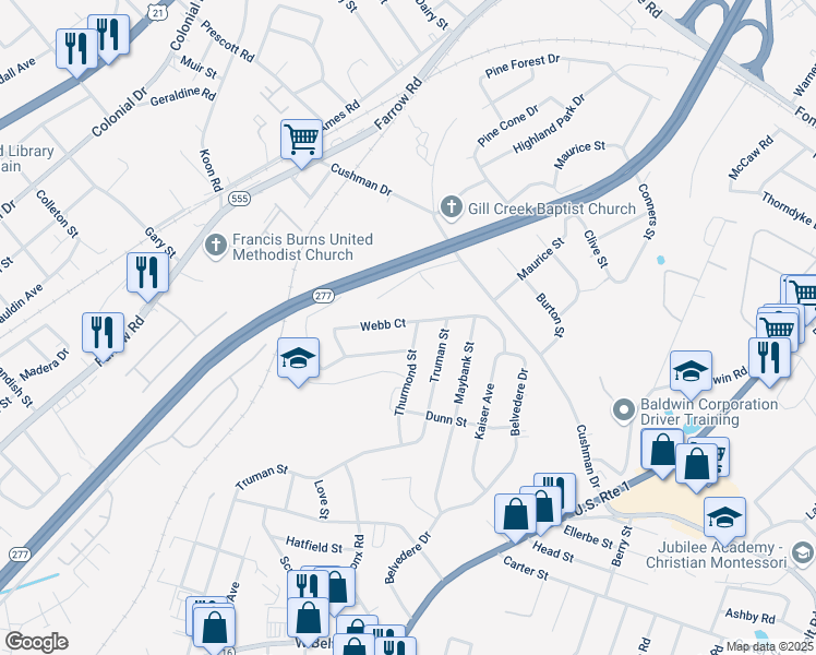 map of restaurants, bars, coffee shops, grocery stores, and more near 3730 Thurmond Street in Columbia