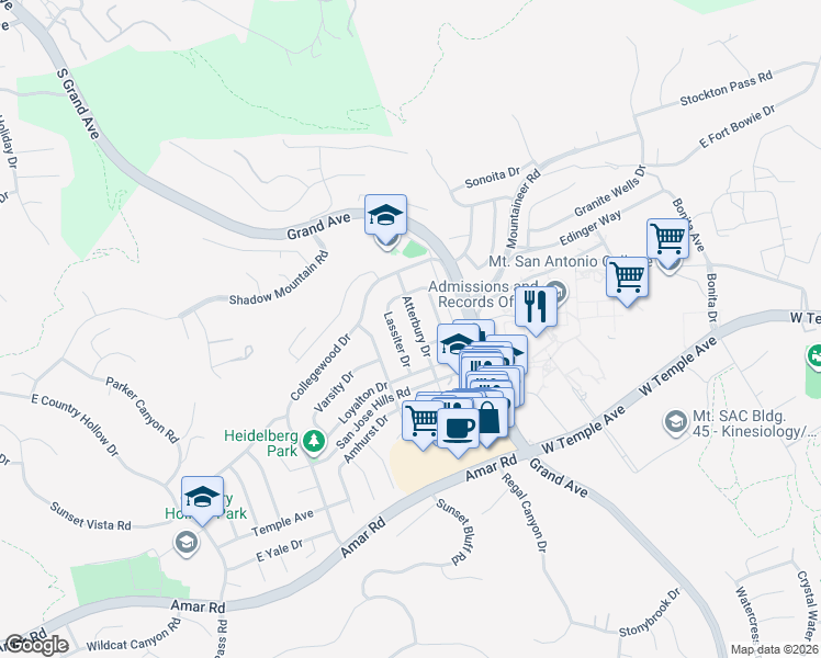 map of restaurants, bars, coffee shops, grocery stores, and more near 1453 Atterbury Drive in Walnut
