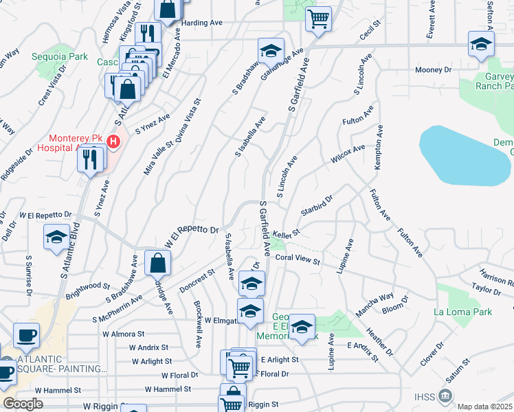 map of restaurants, bars, coffee shops, grocery stores, and more near 88 West El Repetto Drive in Monterey Park
