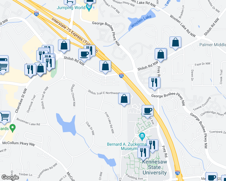 map of restaurants, bars, coffee shops, grocery stores, and more near 1318 Shiloh Trail East Northwest in Kennesaw