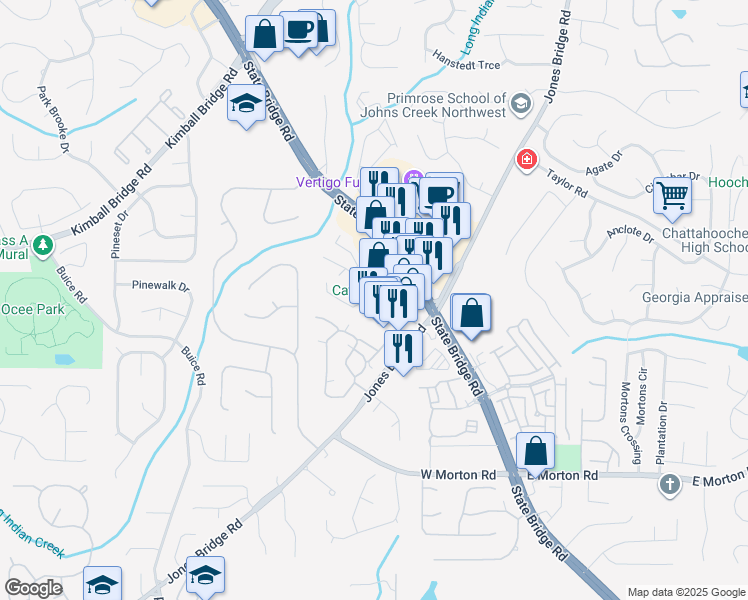 map of restaurants, bars, coffee shops, grocery stores, and more near Valais Court in Johns Creek