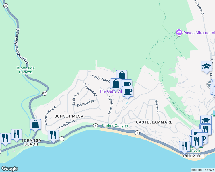 map of restaurants, bars, coffee shops, grocery stores, and more near 341 South Surfview Drive in Los Angeles