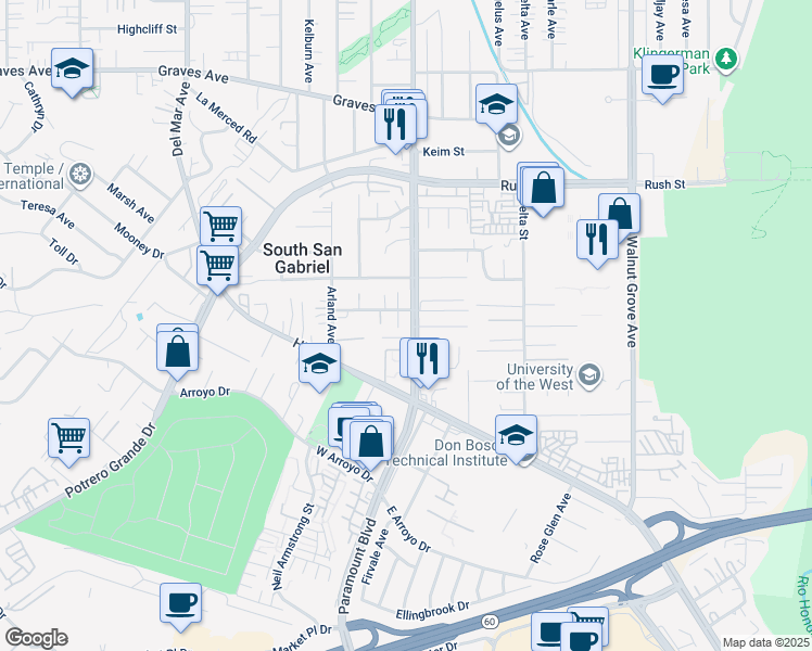 map of restaurants, bars, coffee shops, grocery stores, and more near 1525 San Gabriel Boulevard in Rosemead