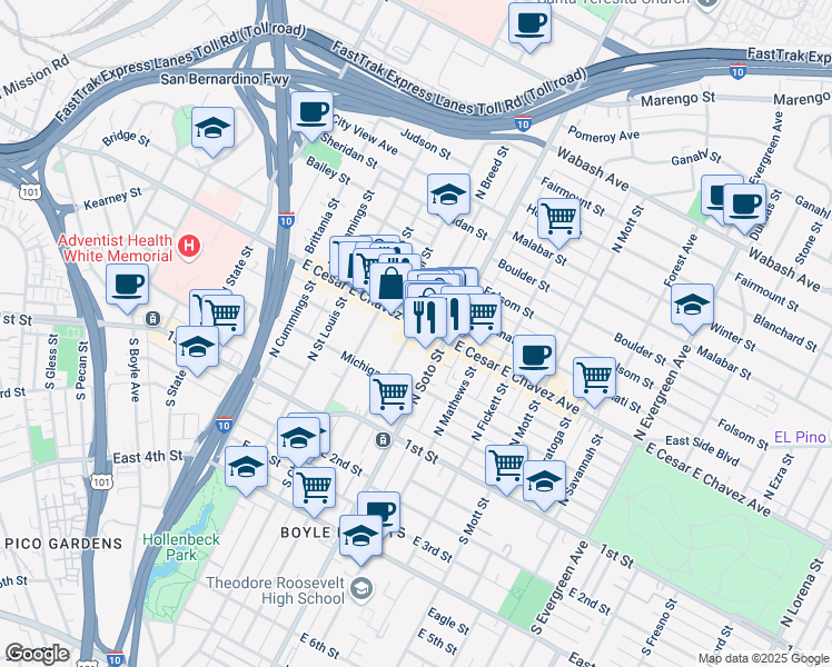 map of restaurants, bars, coffee shops, grocery stores, and more near 2300 East Cesar E Chavez Avenue in Los Angeles