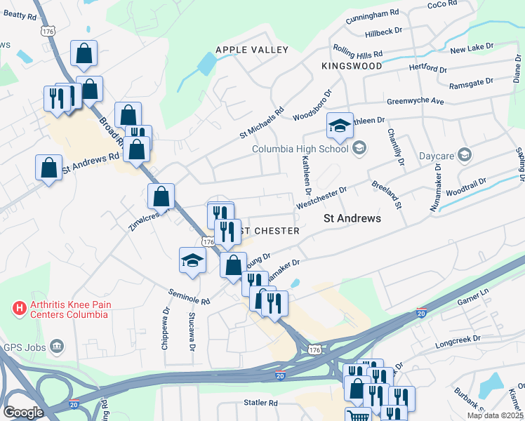map of restaurants, bars, coffee shops, grocery stores, and more near 1511 Westchester Drive in Columbia