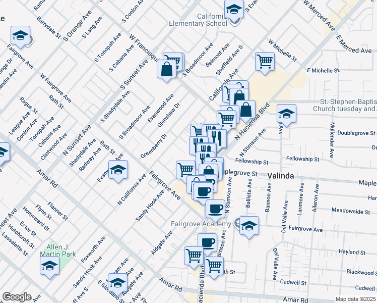 map of restaurants, bars, coffee shops, grocery stores, and more near 15239 Barrydale Street in La Puente