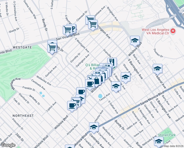 map of restaurants, bars, coffee shops, grocery stores, and more near 11964 Kiowa Avenue in Los Angeles