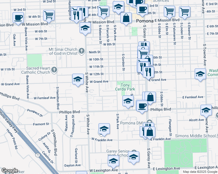 map of restaurants, bars, coffee shops, grocery stores, and more near 606 West Grand Avenue in Pomona