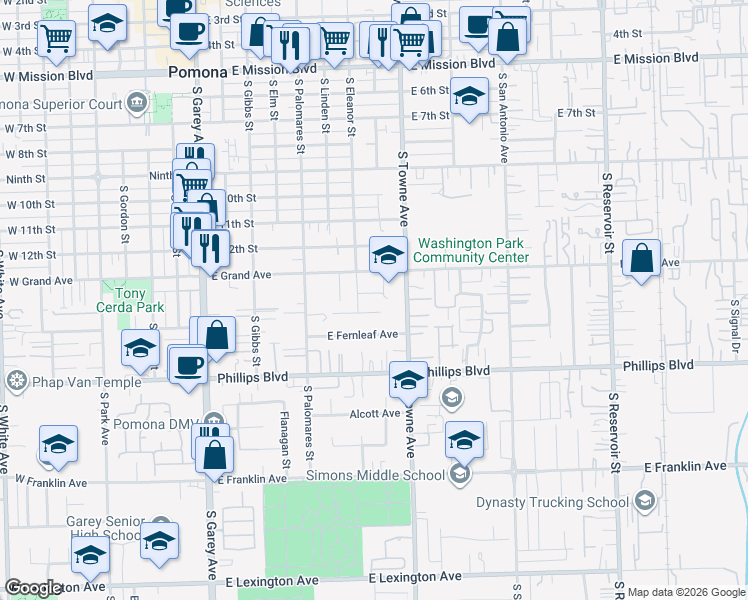 map of restaurants, bars, coffee shops, grocery stores, and more near 778 Elliott Court in Pomona