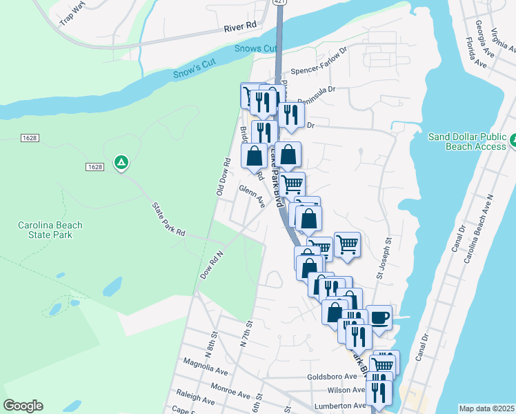 map of restaurants, bars, coffee shops, grocery stores, and more near 810 Glenn Avenue in Carolina Beach