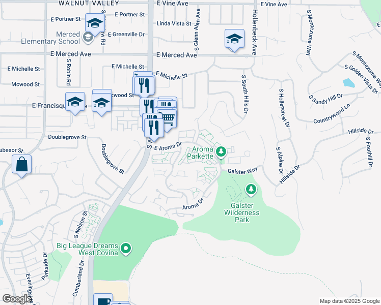 map of restaurants, bars, coffee shops, grocery stores, and more near 1510 Elkwood Street in West Covina