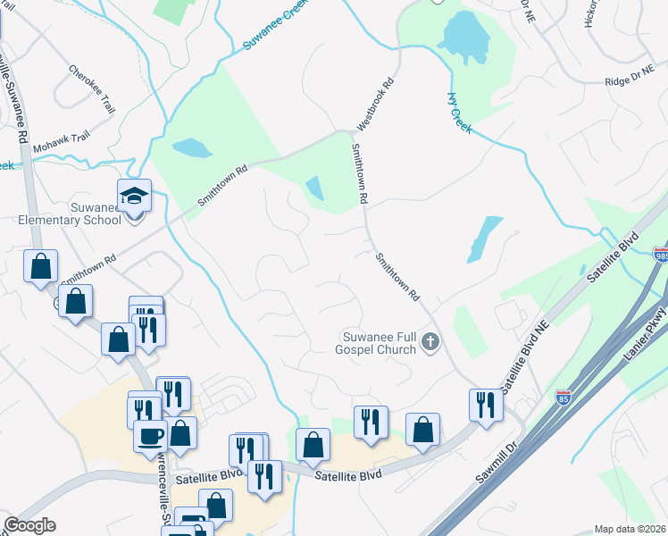 map of restaurants, bars, coffee shops, grocery stores, and more near 69 Morning Top Court in Suwanee