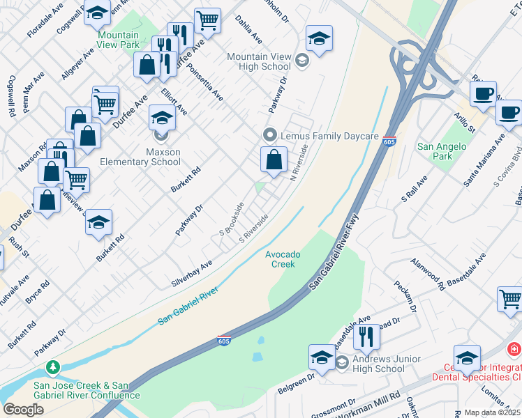 map of restaurants, bars, coffee shops, grocery stores, and more near Redwood in El Monte