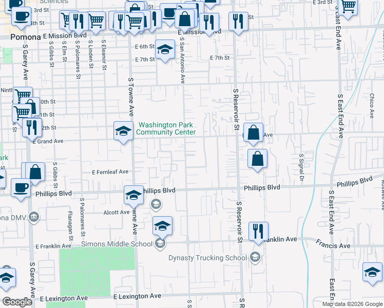 map of restaurants, bars, coffee shops, grocery stores, and more near 1350 South San Antonio Avenue in Pomona