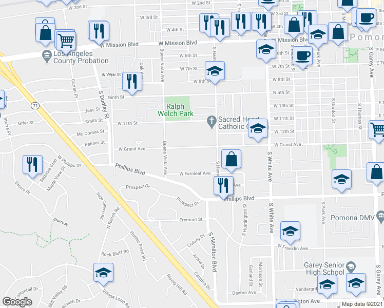 map of restaurants, bars, coffee shops, grocery stores, and more near 1194 West Grand Avenue in Pomona
