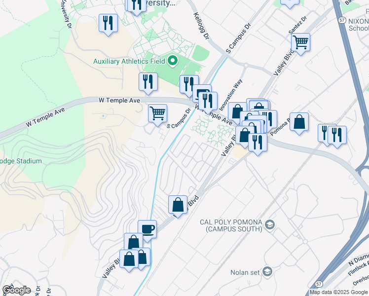 map of restaurants, bars, coffee shops, grocery stores, and more near 3667 Valley Boulevard in Pomona