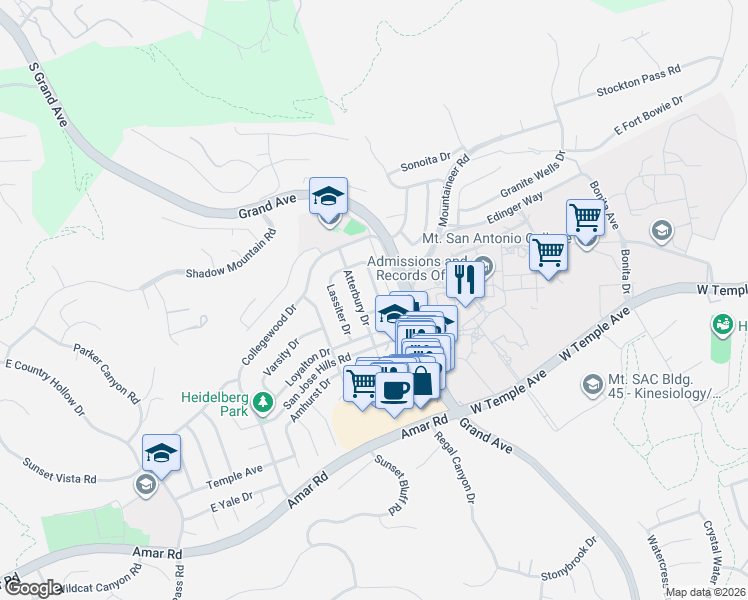 map of restaurants, bars, coffee shops, grocery stores, and more near 1453 Atterbury Drive in Walnut