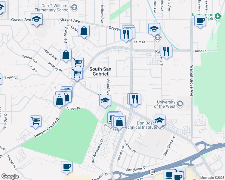 map of restaurants, bars, coffee shops, grocery stores, and more near 8108 Celito Drive in Rosemead