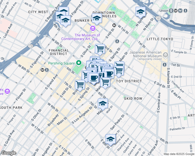 map of restaurants, bars, coffee shops, grocery stores, and more near 506 South Spring Street in Los Angeles