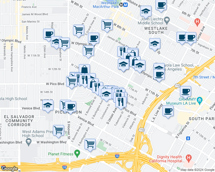 map of restaurants, bars, coffee shops, grocery stores, and more near 1664 1/2 West 12th Street in Los Angeles