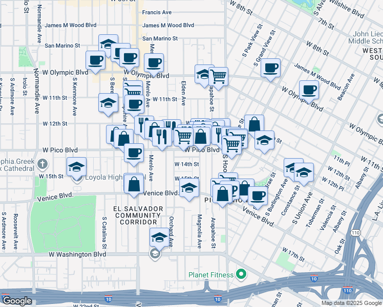 map of restaurants, bars, coffee shops, grocery stores, and more near 2308 West Pico Boulevard in Los Angeles